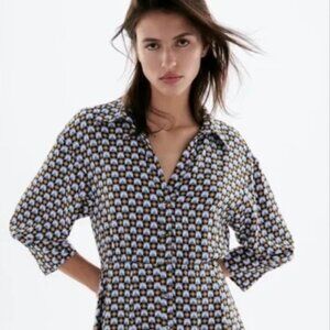 NWT Zara Geometric Print Shirt Dress Brown Blue 3/4 Sleeves Women's XL